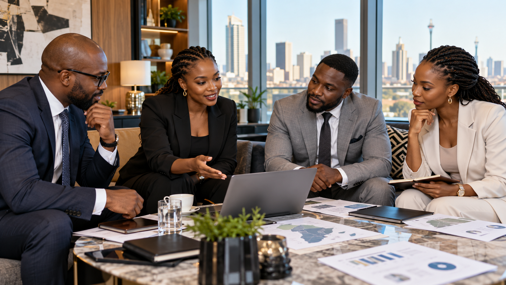 Illustration of professionals discussing business development and growth planning